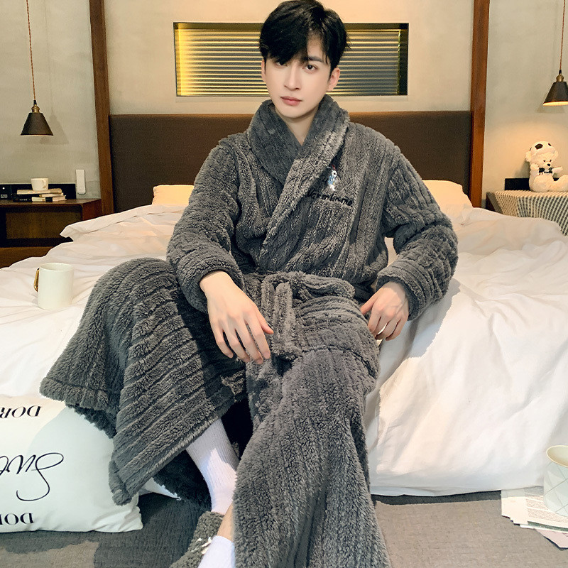 [C1221] ชุดยูกาตะผู้ชาย ขนแกะปะการัง ปักยูกาตะ ชุดนอนผู้ชาย Over-the-Knee ยูกาตะ Lace-Up Long Yukata