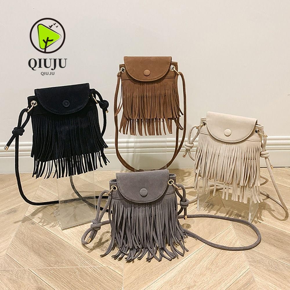 Qiju Women Tote Bag, กระเป๋าสะพายแฟชั่นแพ็คเก็ต, กระเป๋าถือโทรศัพท์มือถือกํามะหยี่ Fringe Buckskin ทนทาน