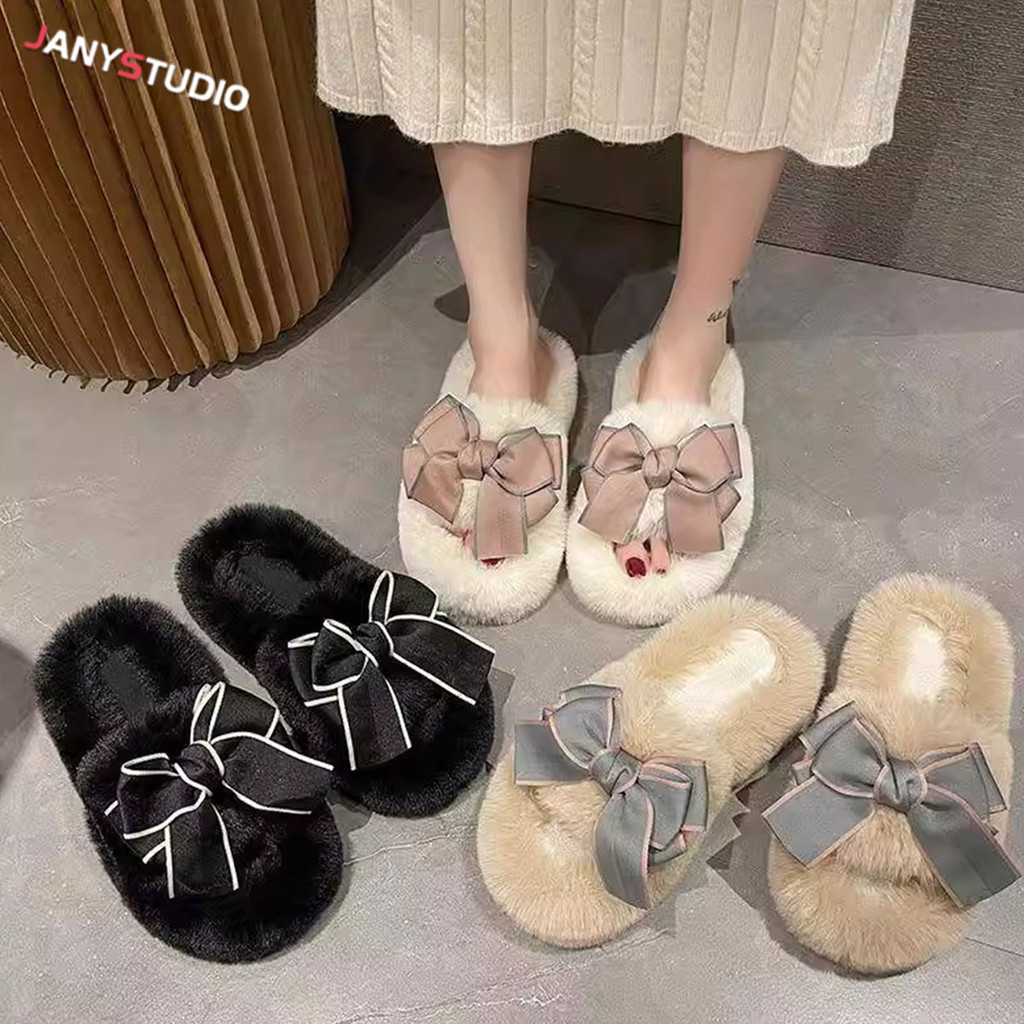 รองเท้าแตะขนฟูทรงแบน สไตล์เกาหลีใส่สบาย สำหรับฤดูใบไม้ร่วง
