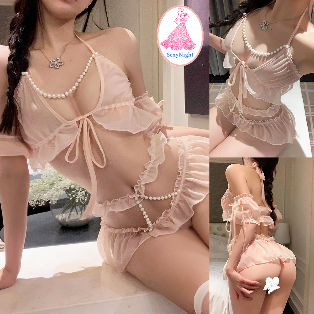 SexyNight 💞💞 ชุดนอนซีทรู ชุดนอนยั่วๆ สีชมพู ตาข่าย ลูกปัด ราคาถูก พร้อมส่งจากไทย