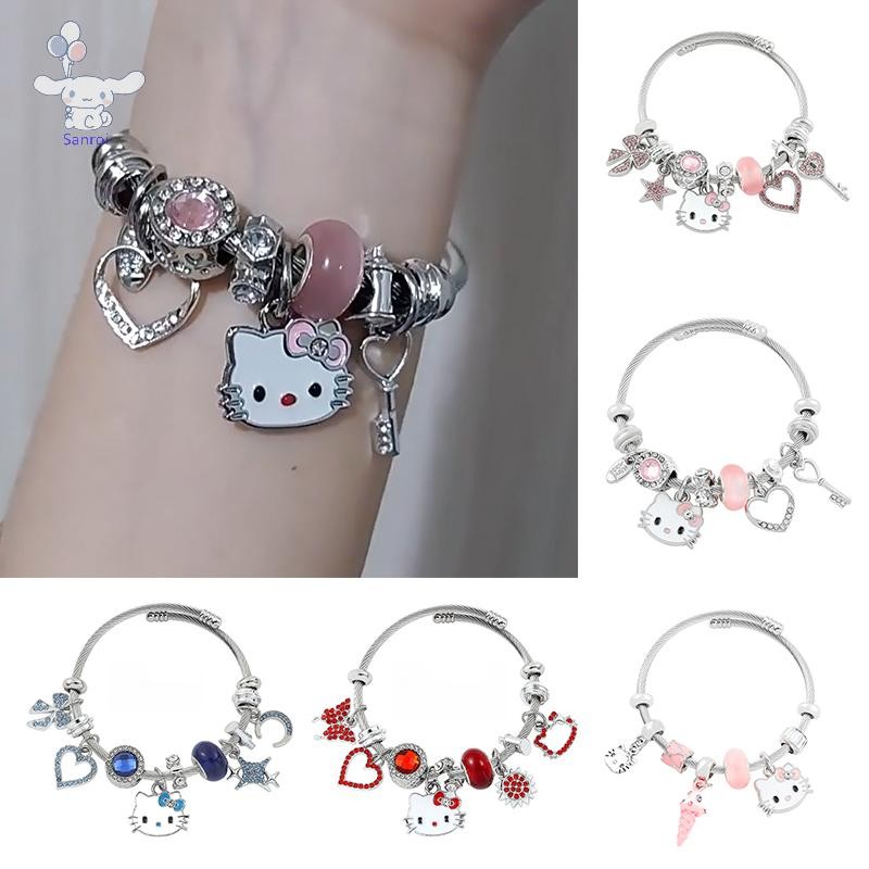 [San] Sanrio Hello Kitty สร้อยข้อมือแฟชั่นอินเทรนด์สาว Y2K กําไลข้อมือ KT แมวคริสตัลลูกปัดโซ่มือสําหรับผู้หญิงงานแต่งงาน Jewerly POP