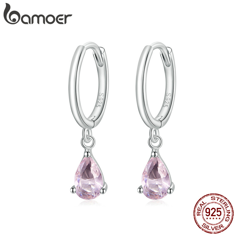 Bamoer 925 เงินสเตอร์ลิง Sliver ต่างหู Water Drop Design ของขวัญเรียบง่ายสําหรับผู้หญิง SCE1018-PK