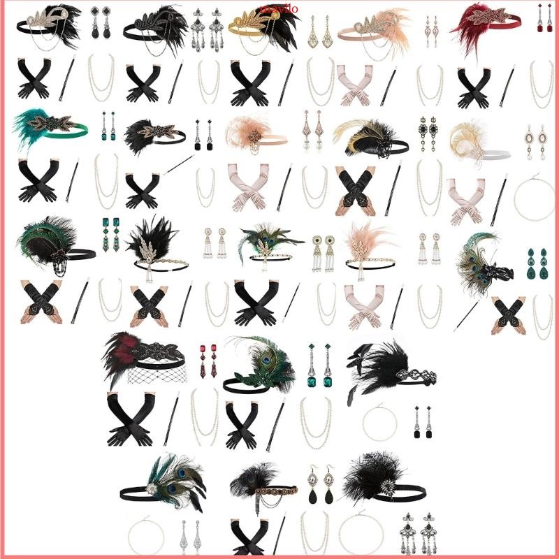 Mavlo ผู้หญิง Flapper อุปกรณ์เสริม Gatsby Party เครื่องแต่งกาย Feather ที่คาดผมสร้อยคอต่างหูถุงมือสํ