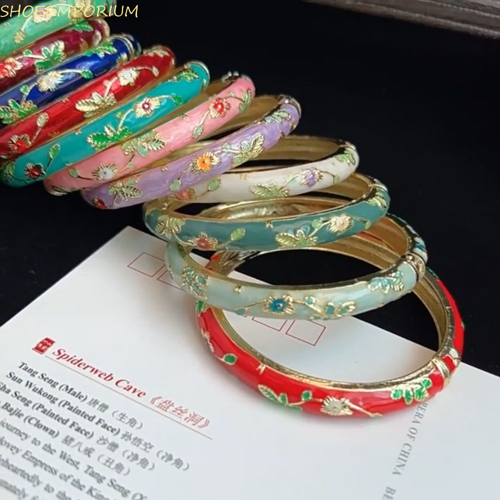 Shoeemporium สร้อยข้อมือจีน Cloisonne กําไลคู่เคลือบ Peony Filigree กําไลดอกไม้, Bohemian Chinese Traditional Vintage Womens Hand Bracelet ของขวัญเครื่องประดับ