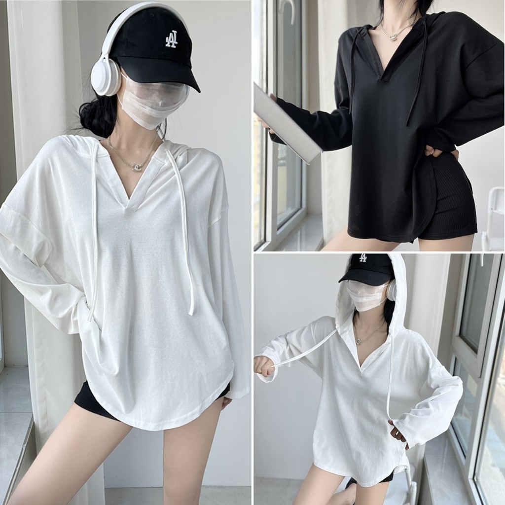 Betty House 🌸 พร้อมส่ง เสื้อยืดแขนยาวสีขาวมีฮู้ดผู้หญิงเสื้อลําลองทรงหลวม
