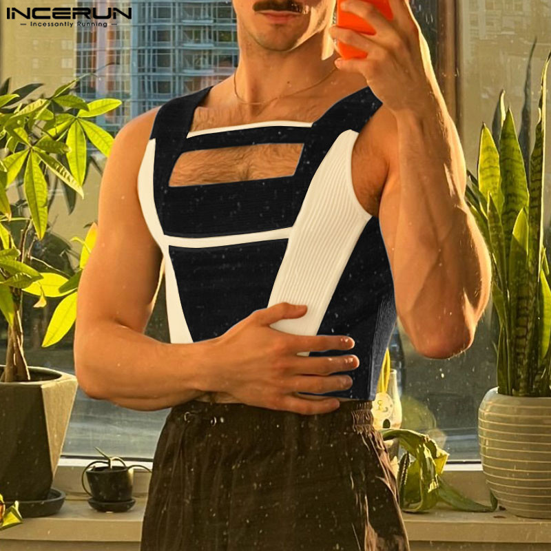 ไม่แน่นอน ผู้ชายวินเทจแฟชั่นกลวงเย็บปะติดปะต่อกันเสื้อกล้ามแขนกุด