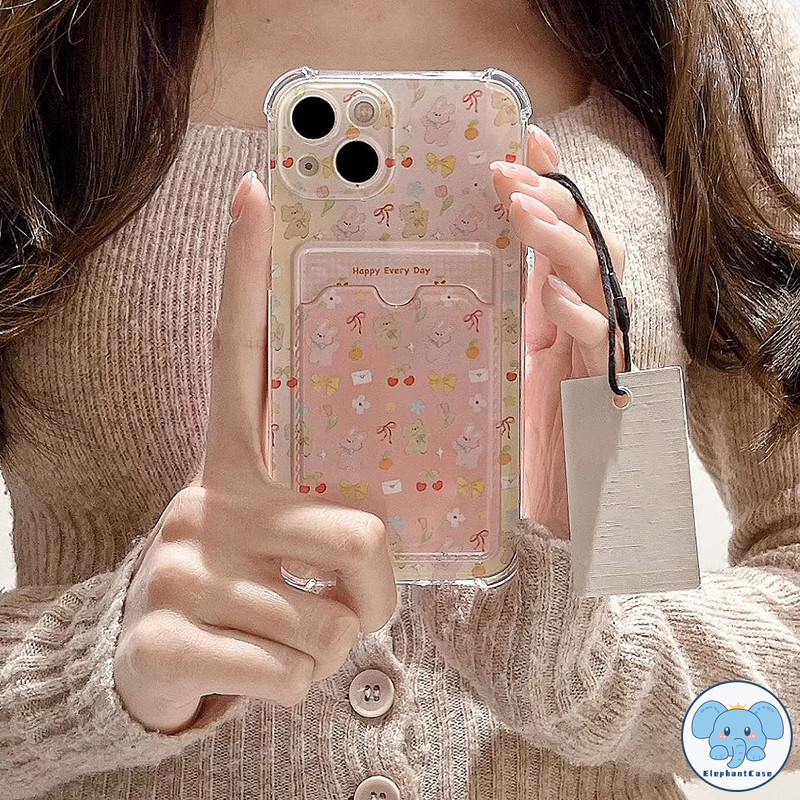 กระต่ายน่ารักโบว์เชอร์รี่เข้ากันได้เคสไอโฟน 13 16 11 XR 15 14 12 Pro Max 7 8 Plus X XS Max SE เชือกกระเป๋าสตางค์บัตรเคส