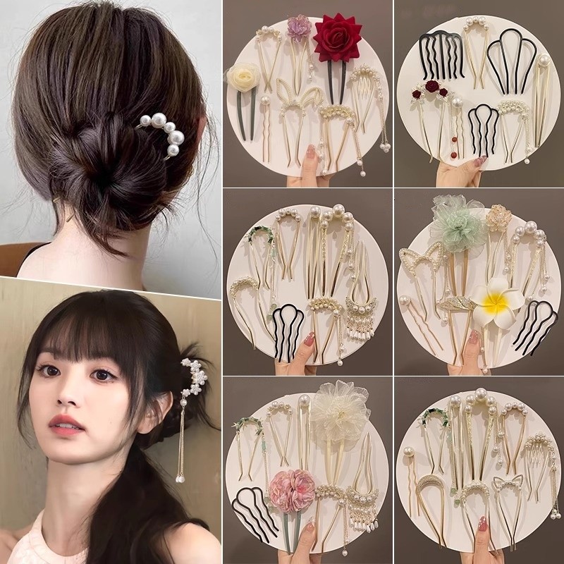 Hairpin Coil Hairpin ดอกไม้ u-Shaped Hairpin ผ้าโพกศีรษะโบราณ