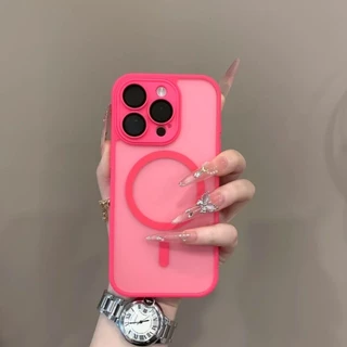 เคสโทรศัพท์เคลือบสีแดงกุหลาบเหมาะสําหรับ iPhone 15 11 12 13 14 16 Pro Max Plus 12mini 13mini เคสแม่เหล็กโปร่งใสกึ่งฝาครอบกันกระแทก