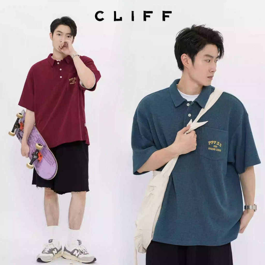 CLIFF เสื้อโปโลผู้ชาย แขนสั้นวาฟเฟิลด์ การออกแบบกระเป๋า ลำลองสไตล์ญี่ปุ่น แฟชั่นยอดนิยม