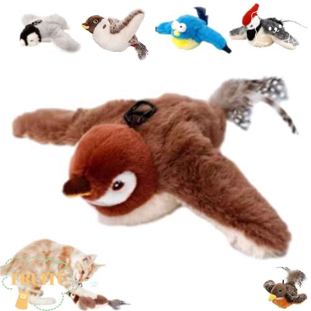 FRUITU Flapping Bird Sparrow ของเล่นแมว, Vivid Chirping อิเล็กทรอนิกส์ Interactive Flying Bird ของเล่นแมว, Touch-เปิดใช้งาน USB Hangable สัตว์เลี้ยงจําลอง Sparrow ของเล่น