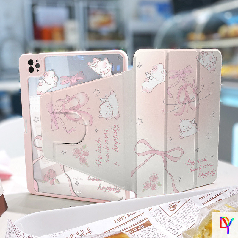 เคส iPad หมุนได้ 360 องศา + ช่องเสียบปากกาสําหรับ iPad 10th Gen11 2025/10.2 gen9 gen8 Air11 Air1/2 gen5/6 9.7 Air4 Air5/6 10.9 Pro11 สีชมพูโบว์-tied lamb อะคริลิค iPad cover