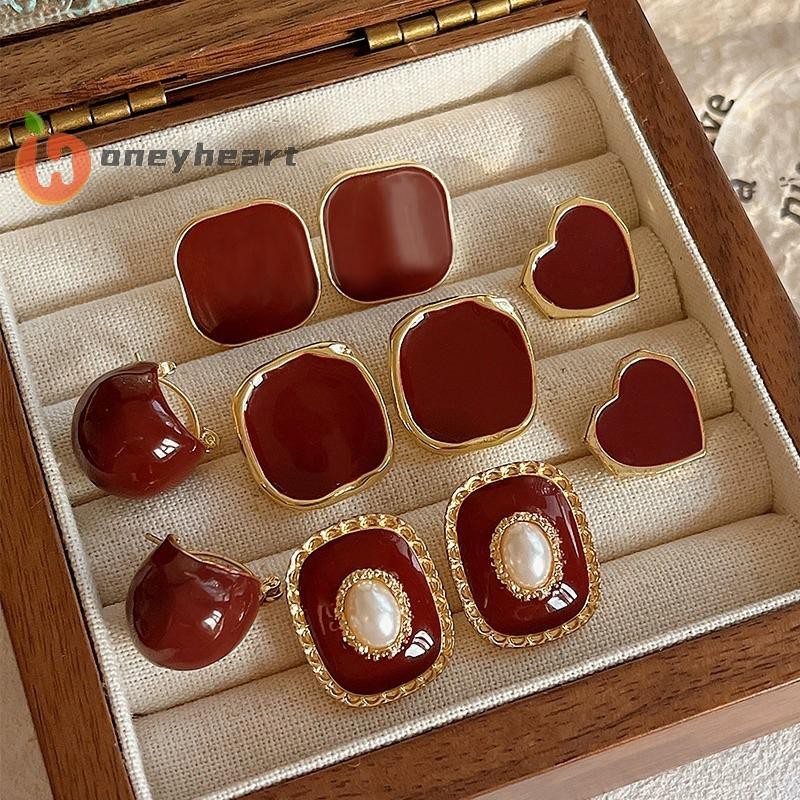 <HoneyHeart> Vintage Red Ear Clip Women New Fashion Enamel Ear Studs Light Ear Accessories ต่างหูเคร