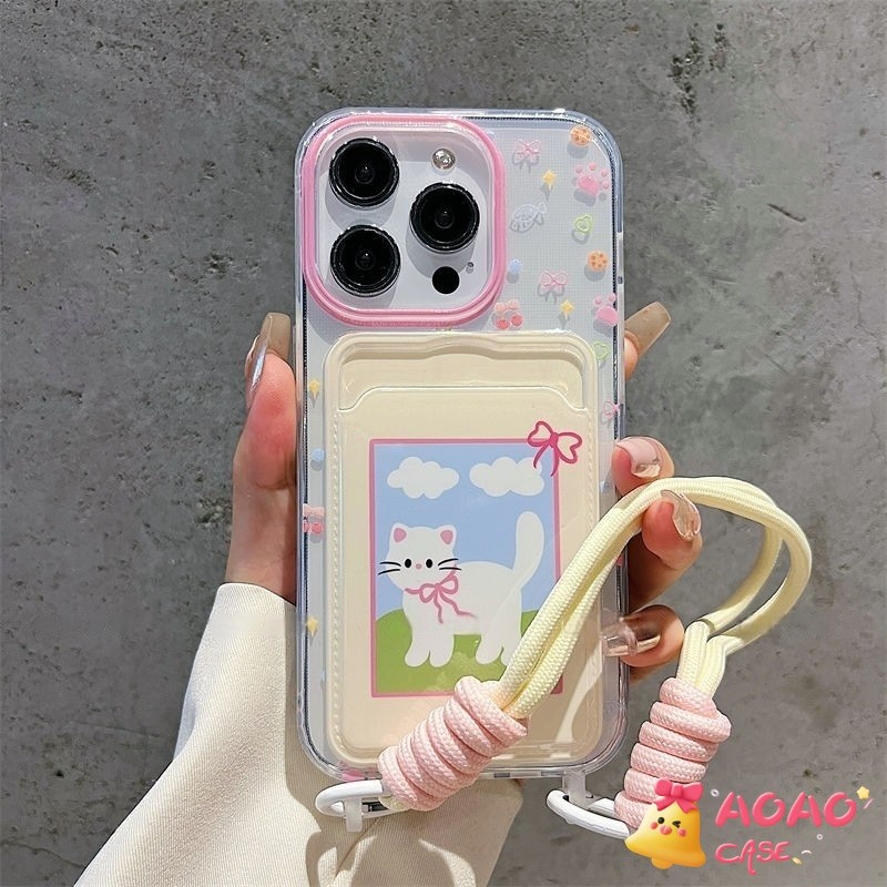 เคสไอโฟน15 สำหรับ iPhone 13 11 15 16 12 14 Pro Max XR 16 7 8 14 15 Plus X XS Max SE 2020 การ์ตูนน่ารักแมวโบว์กระเป๋าสตาง