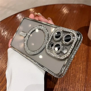 Bling Glitter Rhinestoneเคสโทรศัพท์แม่เหล็กสําหรับiPhone 16 15 14 13 12 11 Pro Max Plusกล้องกันกระแทกLuxury Jewelledซิลิโคนอ่อนนุ่ม