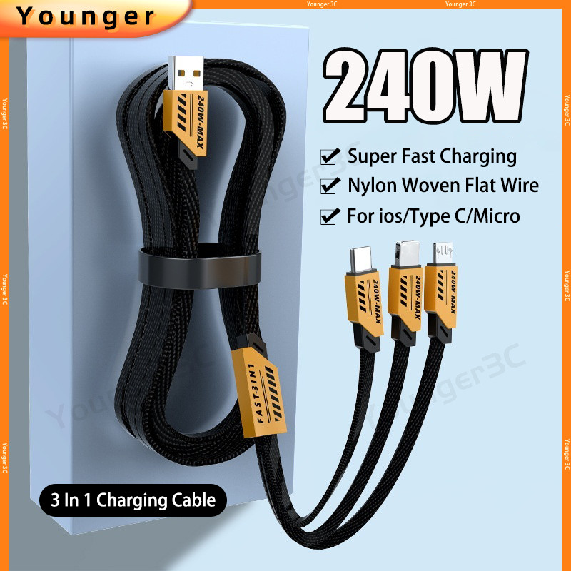 240w Fast สายชาร์จ 3 In 1 Cyber Mech ลมสายชาร์จโลหะผสมสังกะสี USB Data Line ไนลอนทอสายชาร์จสําหรับ ios Micro Type C