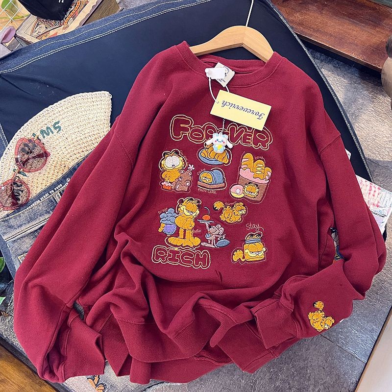 ผู้หญิงคาเฟ่แมวเย็บปักถักร้อยเสื้อกันหนาวหลวมสบายๆรอบคอด้านบน