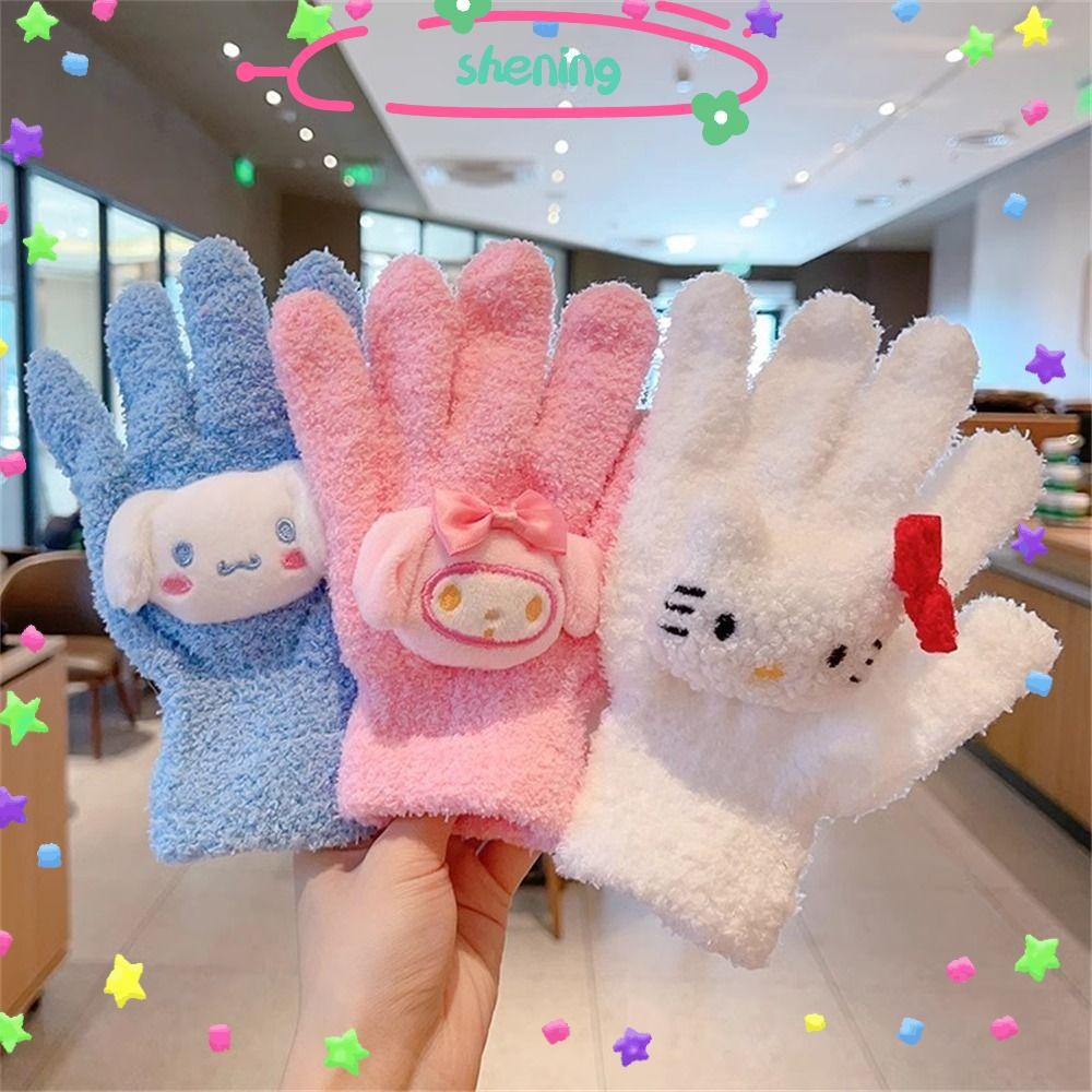 Shening ถุงมือห้านิ้ว, กันลม Coldproof Kuromi Melody Cinnamoroll Kt ถุงมืออุ่นแมว, Kawaii ตุ๊กตาน่ารักการ์ตูนนักเรียนถุงมือสําหรับฤดูใบไม้ร่วงฤดูหนาว