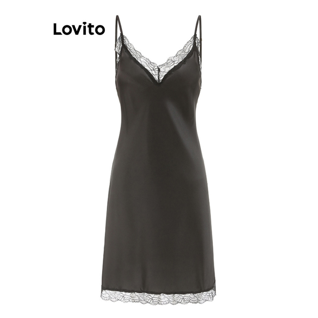 Lovito ชุดนอนเดรส สีพื้น แต่งลูกไม้ สไตล์เซ็กซี่ สำหรับผู้หญิง LNE56319