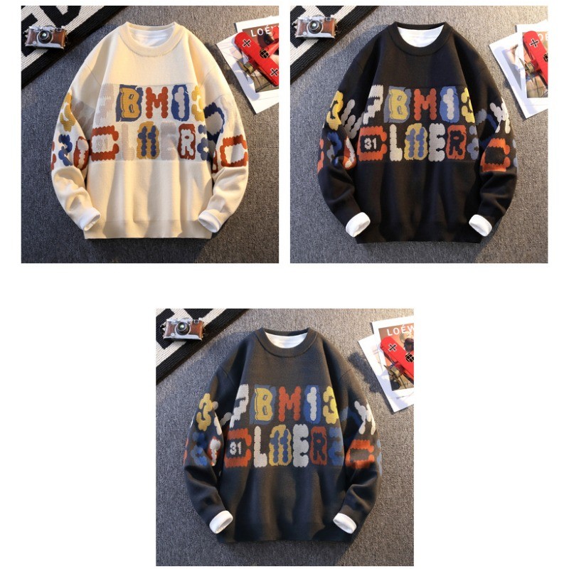เสื้อสเวตเตอร์คอกลมแขนยาวแบบถักหุ้มฉนวนฤดูใบไม้ร่วง monogram พิมพ์เสื้อสเวตเตอร์ฮิปฮอป