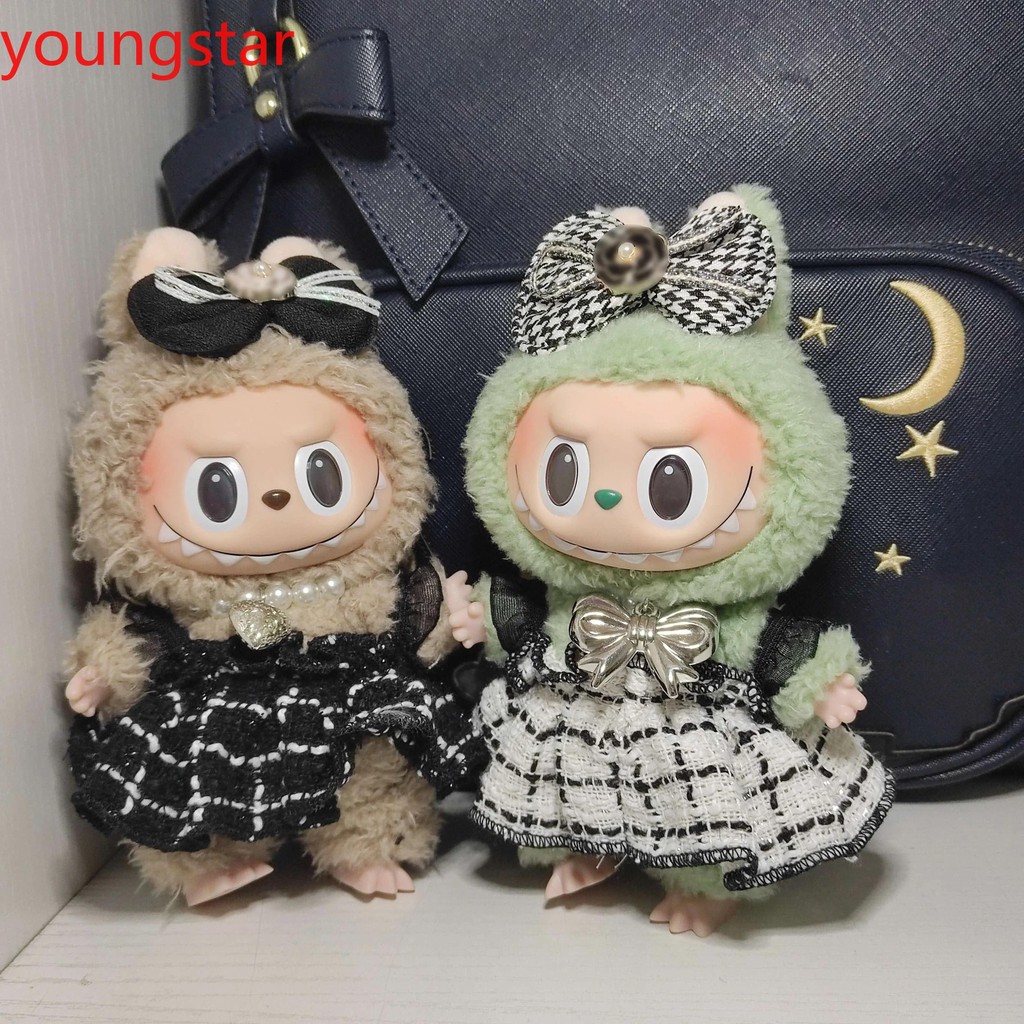 Labubu Clothes Designer ชุดเดรสลายสก๊อตสีดําและสีขาวชุดเสื้อผ้าตุ๊กตาอุปกรณ์เสริม Ropa Labubu