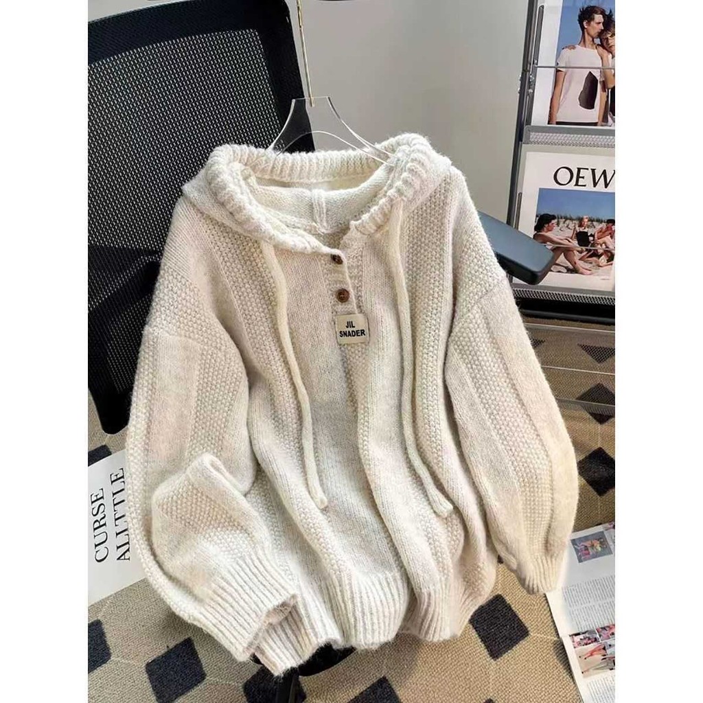 เสื้อสเวตเตอร์มีฮู้ดสำหรับฤดูใบไม้ร่วงและฤดูหนาวเสื้อสเวตเตอร์ถักสไตล์เกาหลีหลวมสไตล์ชิวๆนุ่มๆหนาเชือกรูด