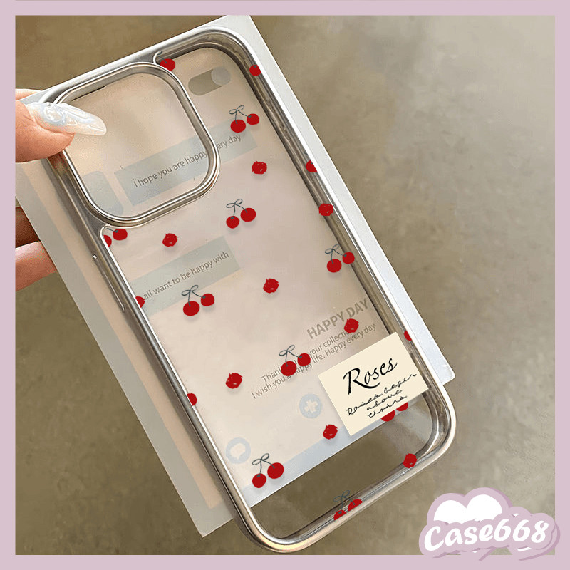 เคสไอโฟน13 สำหรับ iPhone 11 16 15 13 12 14 Pro Max XR 16 7 8 14 Plus X XS MAX น่ารักสดสดเชอร์รี่ชุบด้วยไฟฟ้าอ่อนโปร่งใส