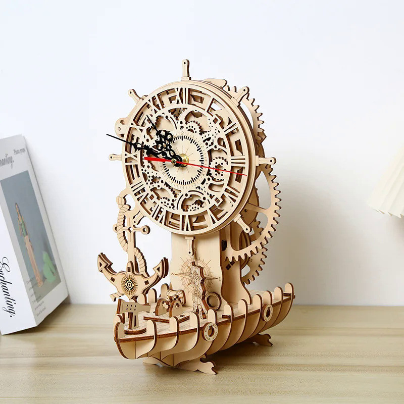 3D Wooden Puzzle Pirate Ship Clock Model Kit Handmade DIY Assembly Educational Toy Jigsaw Model Buil