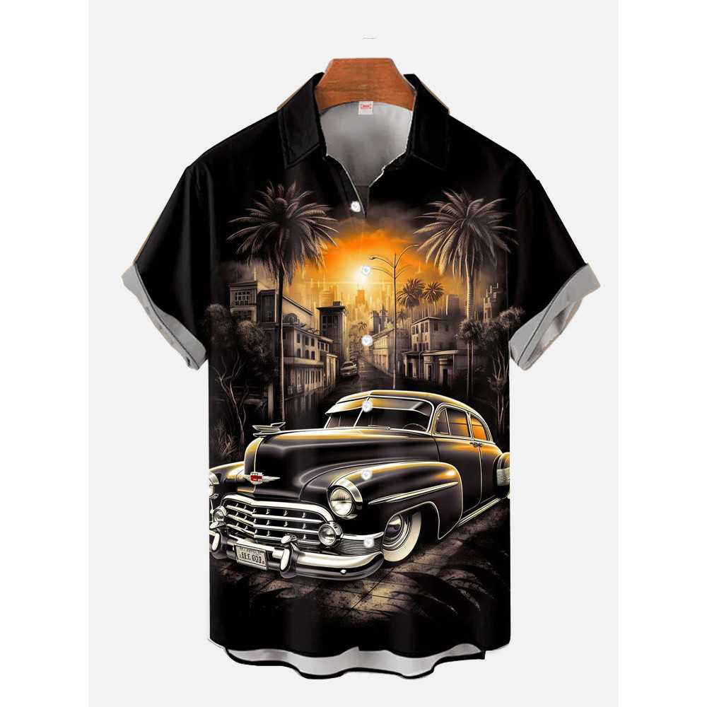 1970s-1980s Vintage รถโปสเตอร์ฮาวาย Beach Cowgirl พิมพ์เสื้อแขนสั้นแฟชั่น Retro เสื้อฮาวายสําหรับชาย Hrajuku