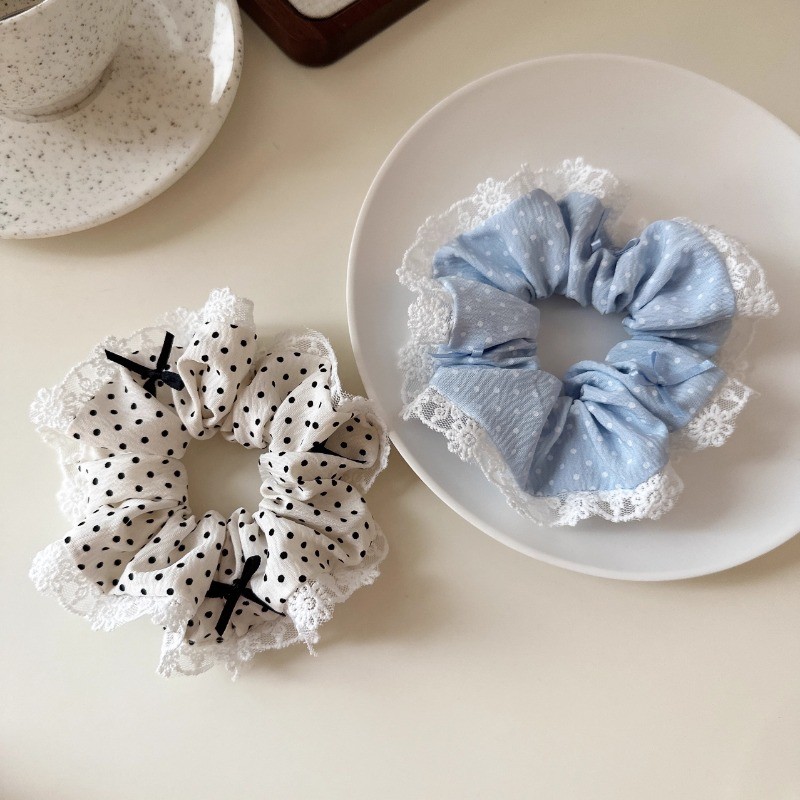 1 ชิ้นสีฟ้าสีขาวจุดผมหางม้าผมแหวนหัวเชือกผูกผม Scrunchies Headwear
