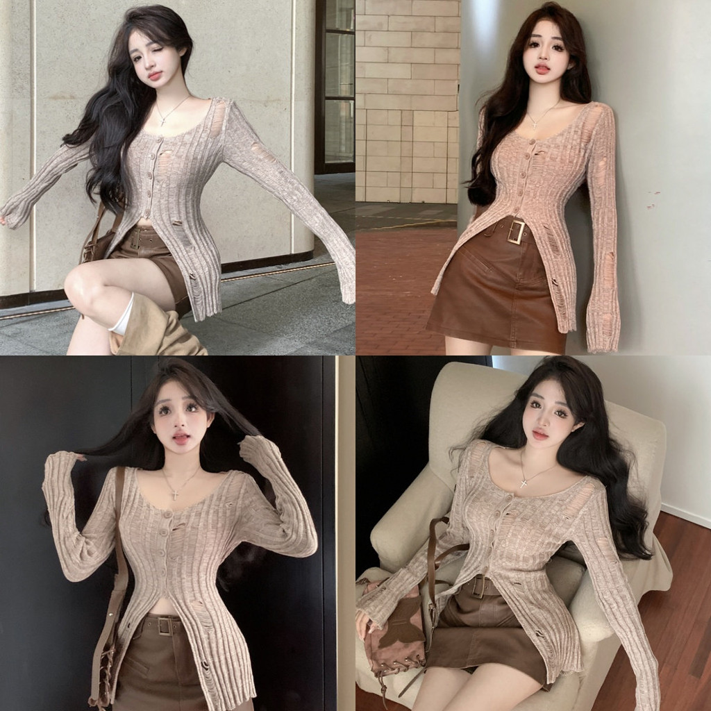 🌟Anne🌟เสื้อยืดผู้หญิง แบบยาว ไหมพรม ผ้าร่องใหญ่แหวกกลาง🌠เสื้อยืดแขนยาว สไตล์ลำลอง ใส่สบาย แฟชั่น🌙#56139