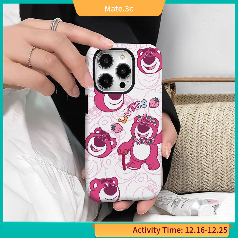 ใหม่ เคสโทรศัพท์มือถือแฟชั่น กันหล่น รอบด้าน ลายการ์ตูนหมีสตรอเบอร์รี่น่ารัก สองชั้น สําหรับ iphone13 14PRO 15 สไตล์อินเทรนด์ 1 VBGA