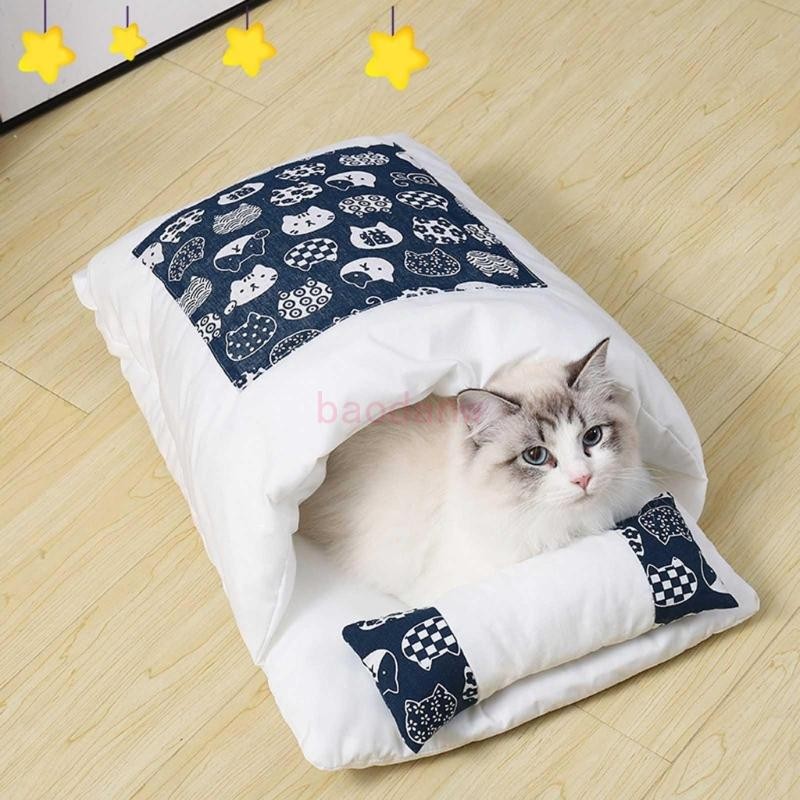 Ppy ที่นอนแมวสําหรับแมวในร่ม Semi-closed Cave ถุงนอนพร้อมหมอน Soft Warm Pet Beds Self Warming House 