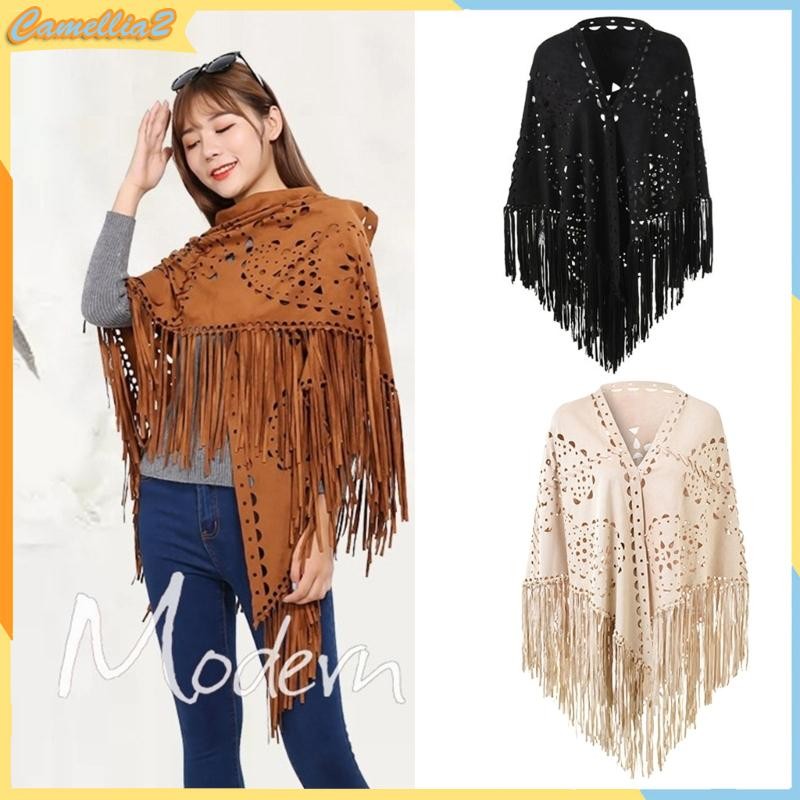 Cam Elegant Tasseled Warm Poncho Shawl Hollow Wrap สําหรับผู้หญิงผ้าพันคออุ่นนุ่ม