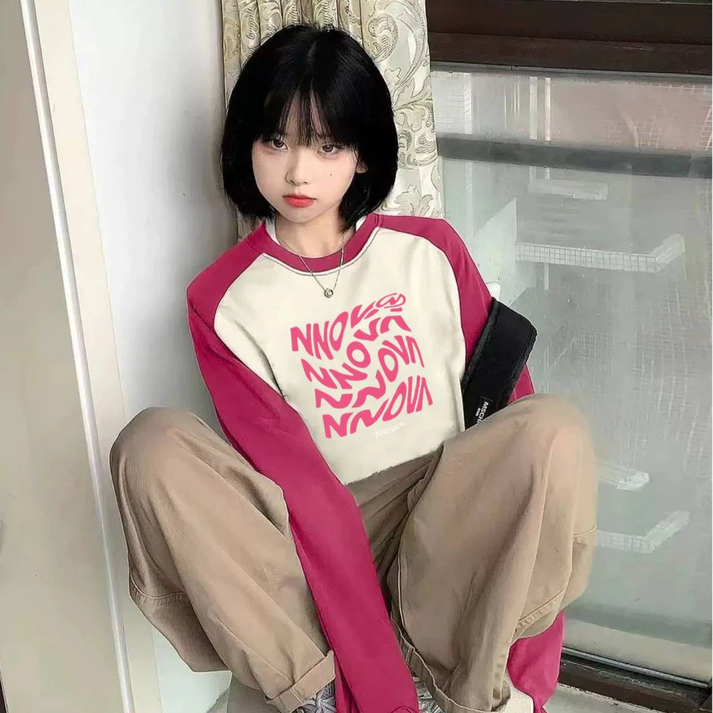 MKL เสื้อยืดแขนยาว คอกลม ทรงหลวมขนาดใหญ่ สีพื้น พิมพ์ลายอักษรสีชมพู แฟชั่นฤดูใบไม้ผลิและฤดูใบไม้ร่วง #B018
