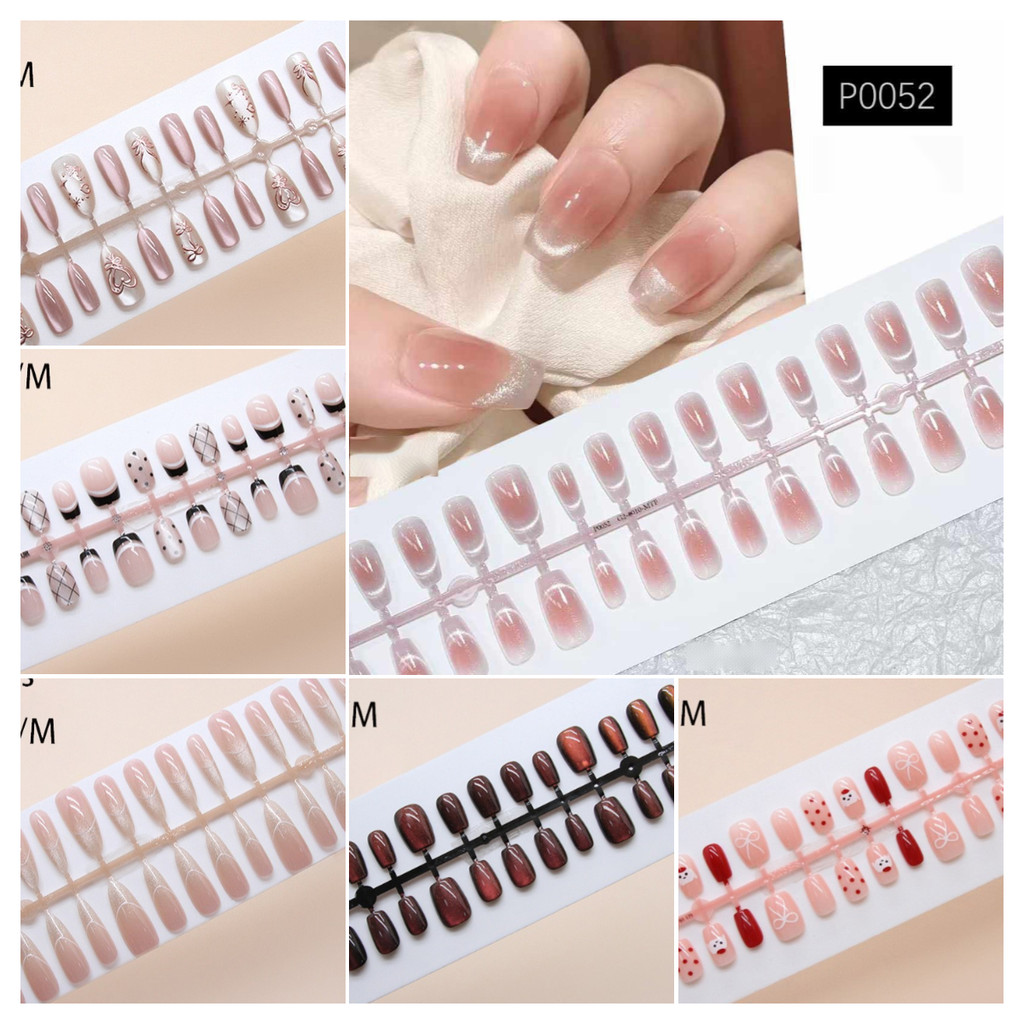 30pcs Cat Eye Series เล็บปลอมสั้นออกแบบธรรมดากดบนเล็บสีชมพู Nude Beige สีม่วง Pure สีนํากลับมาใช้ใหม่ได้