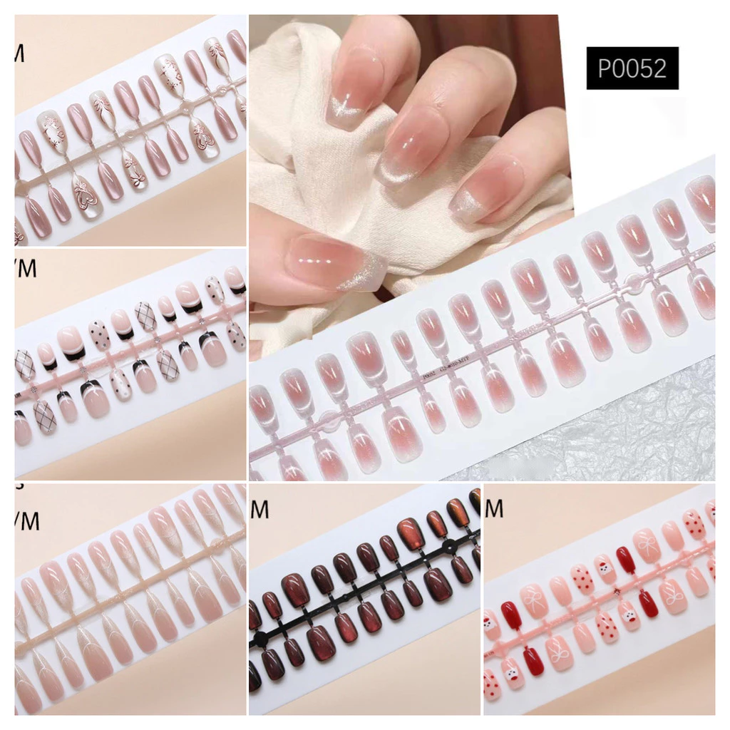 30pcs Cat Eye Series เล็บปลอมสั้นออกแบบธรรมดากดบนเล็บสีชมพู Nude Beige สีม่วง Pure สีนํากลับมาใช้ใหม่ได้
