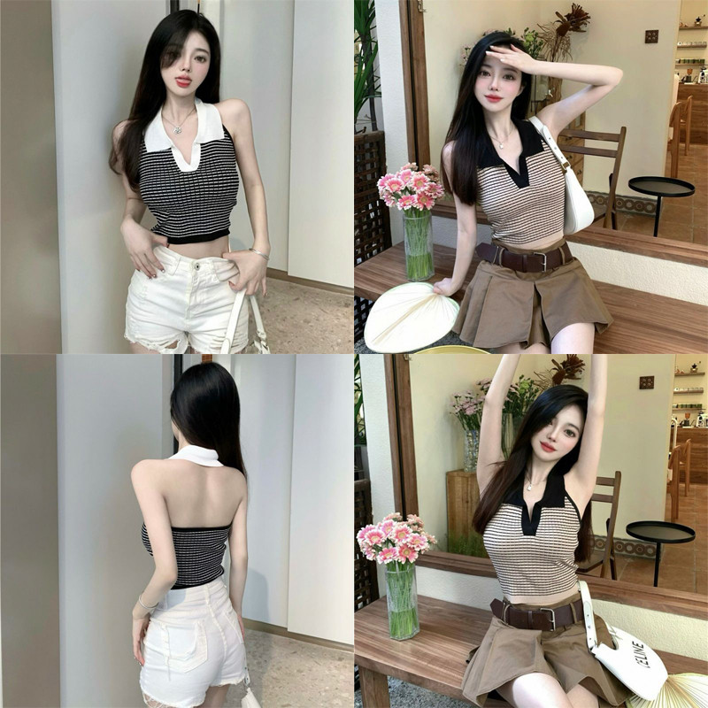 💋Pink girl💋​พร้อมส่ง   เสื้อครอปคล้องคอไหมพรม คอปก ดีเทลลายทางน่ารักมาก "0236" -C