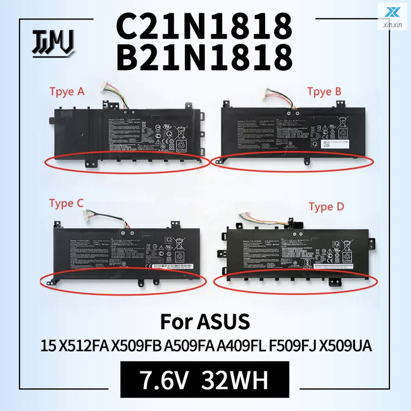 แบตเตอรี่แล็ปท็อป32WH สำหรับ Asus c21n1818 b21n1818 B21N1818-1 B21N1818-2 f509fj 15 x509fb a509fa a4