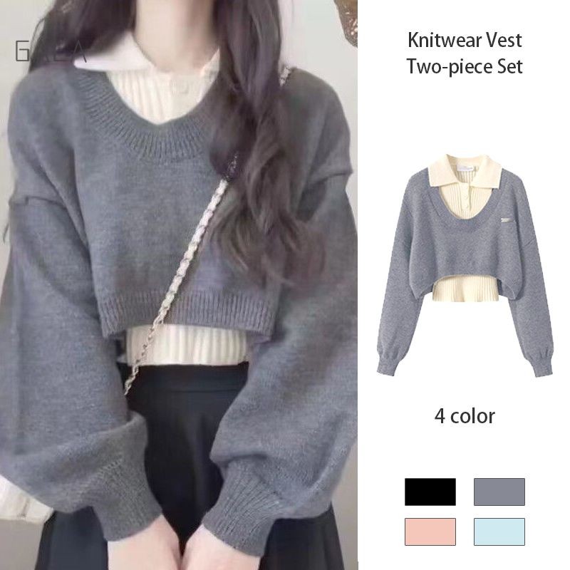 เสื้อถักเสื้อกั๊กชุดสองชิ้น High-end ปกเสื้อกั๊กผู้หญิงอิดโรยเสื้อถักหลวม GA