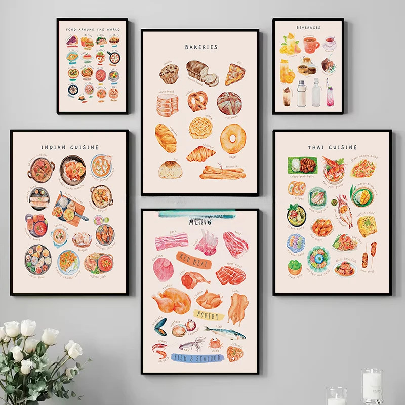 ประเภทอาหารเอเชีย Cuisine Kitchen Wall Art ภาพวาดผ้าใบจีนญี่ปุ่นไทยอาหารร้านอาหารโปสเตอร์ Decor