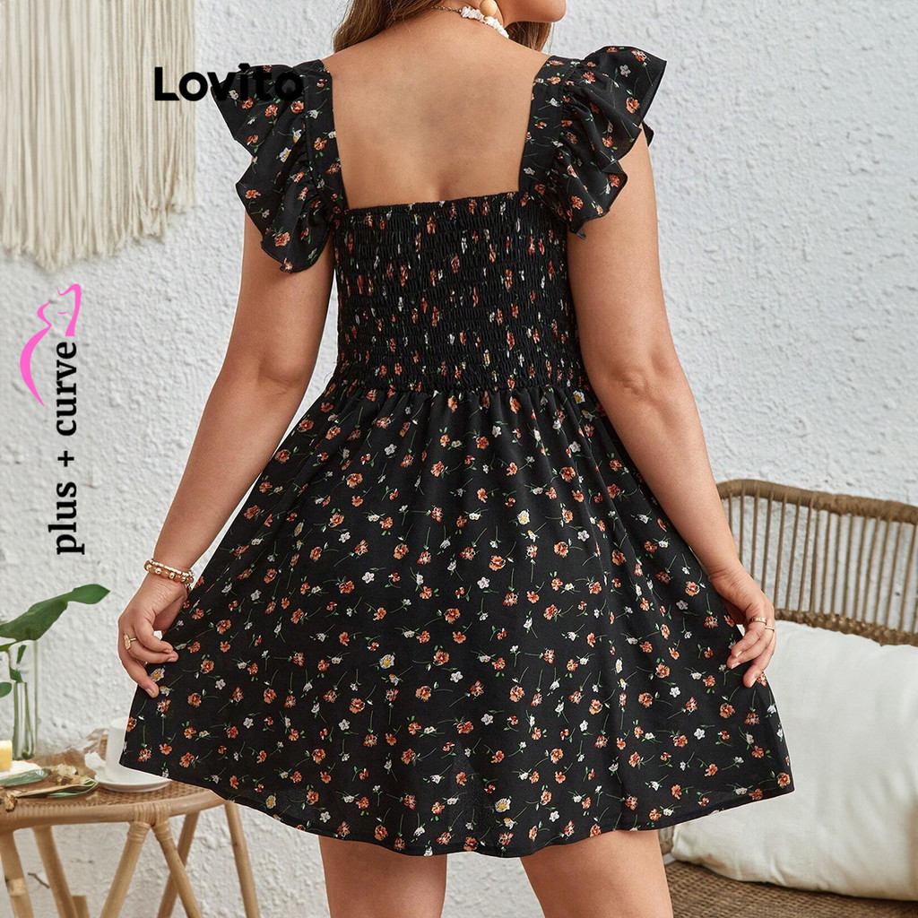 Lovito ชุดเดรส ไซซ์ใหญ่ สไตล์เรียบหรู ลายดอกไม้ขนาดเล็ก ดีไซน์สม็อค สำหรับผู้หญิง LBL18614 - รูปที่ 2