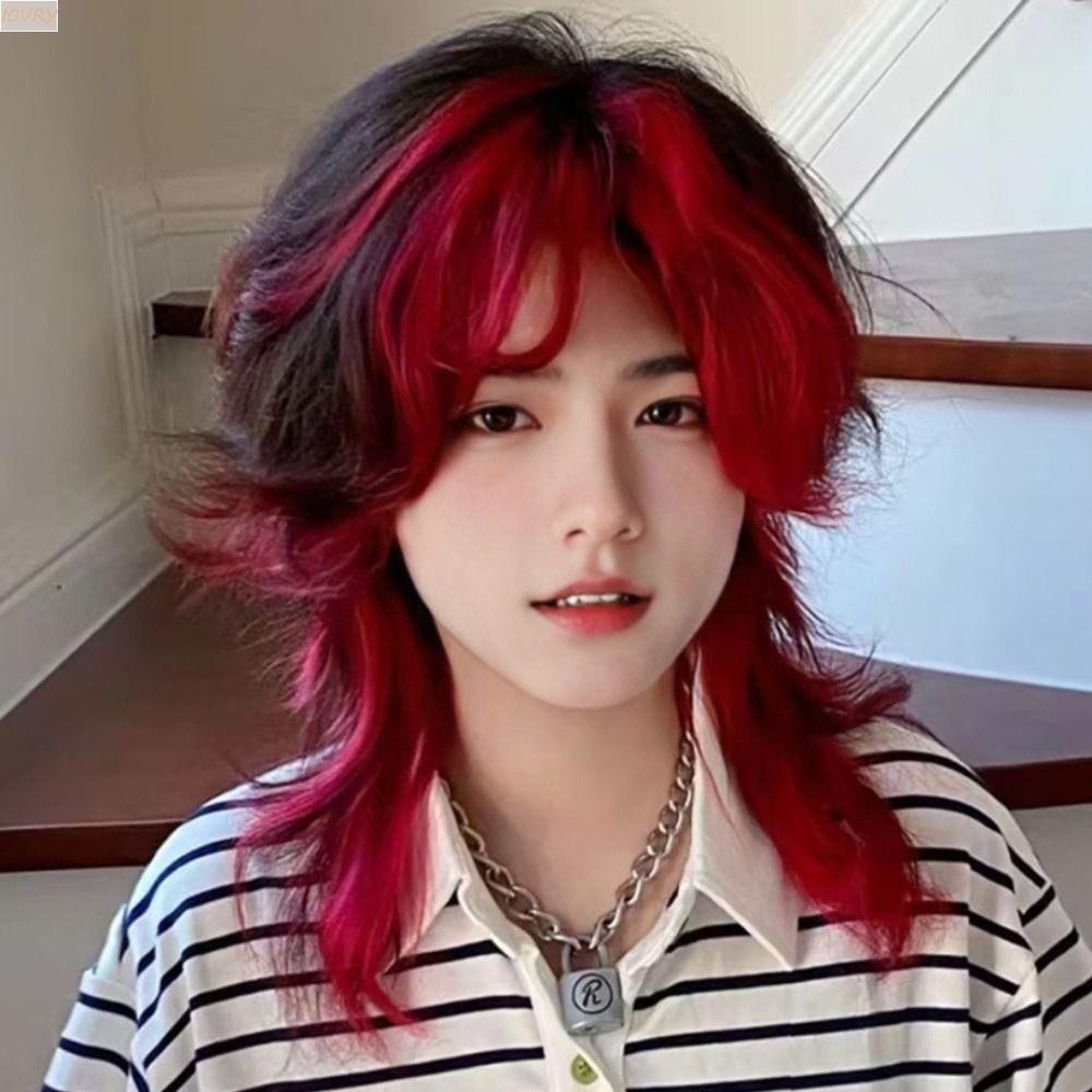Ivory Mullet Head Wigs พร้อม Bangs, Highlight สีแดงสังเคราะห์ยาวคอสเพลย์วิกผม, Wolf Tail Fluffy Curly ทนความร้อนอะนิเมะผู้ชายวิกผม Party