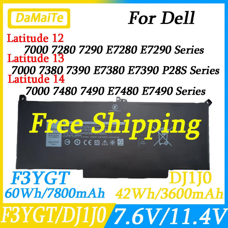 แบตเตอรี่แล็ปท็อป DJ1J0สำหรับ Dell 7480 2X39G Latitude 12 7000 7280 7290 E7280 E7290 F3YGT 13 7000 7