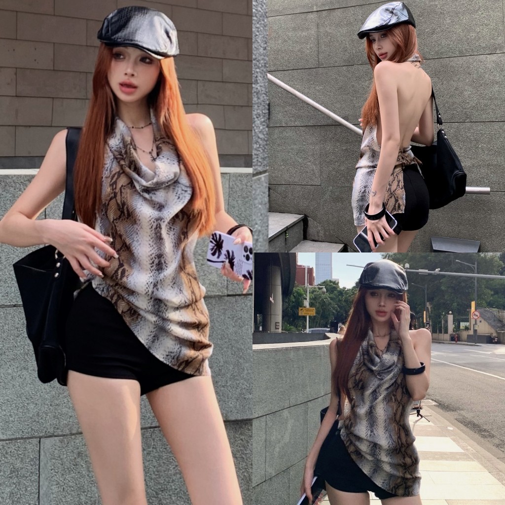 Soroh เสื้อกล้าม ดีเทลลายงูสีน้ำตาลเทา ผ้านิ่ม ทรงหลวม เสื้อคล้องคอ สไตล์ y2k สวยแบบสับ เซ็กซี่มาก #FY2713