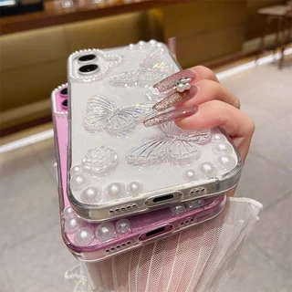 Glitter โปร่งใสเลเซอร์ผีเสื้อดอกไม้ไข่มุกสําหรับ IPhone 17 Pro Max Air 16 15 14 13 12 Pro Max อีพ็อกซี่ซิลิโคนกันกระแทกปกหลัง