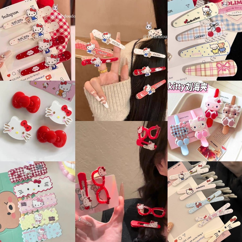 กิ๊บติดผมตรวจสอบลายจุด Hello Kitty คลิปบีบีนักเรียนลูกแมวการ์ตูนใหม่