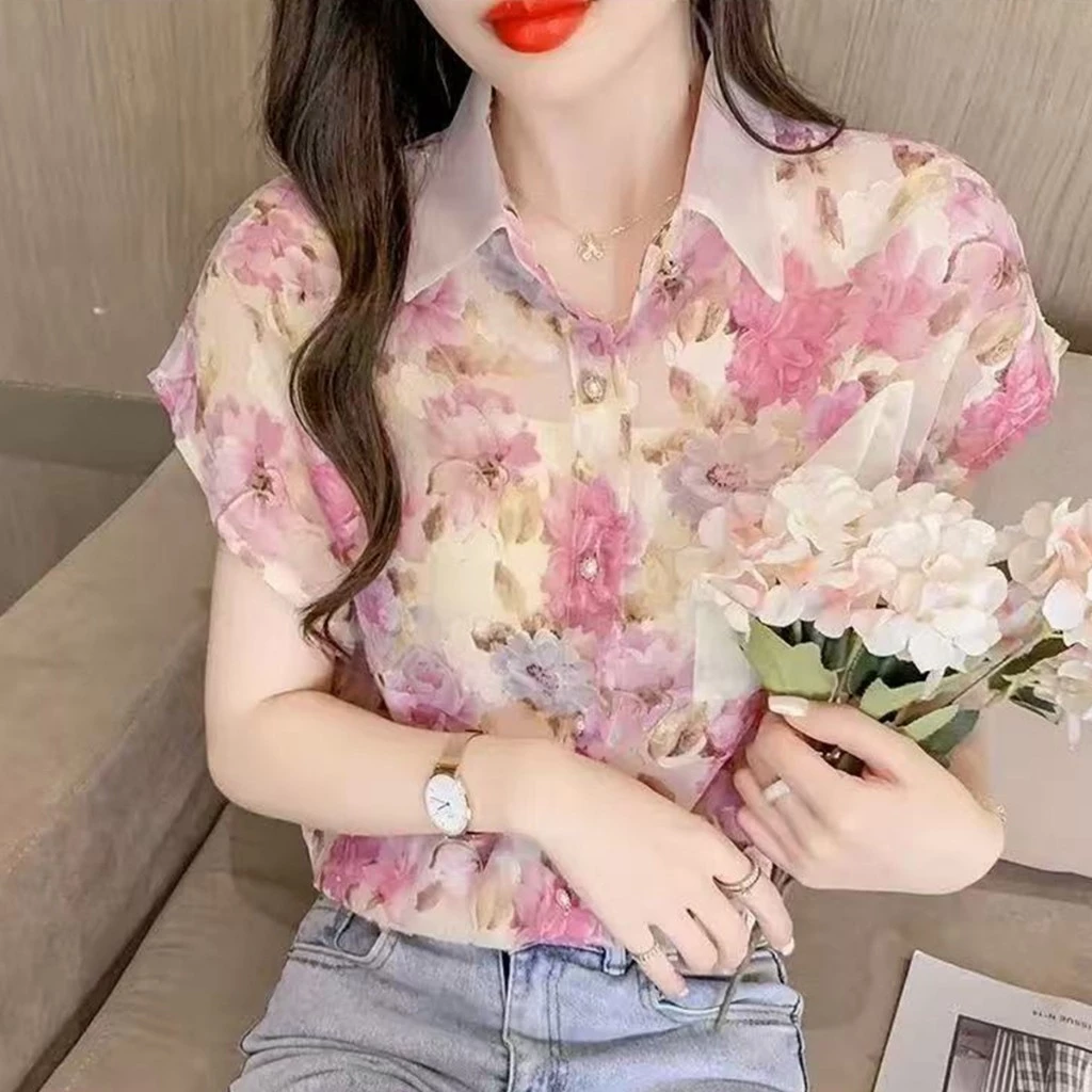 เสื้อเชิ้ตฮาวายคอบัว แขนสั้น ลายดอกไม้ ผ้าชีฟอง thumbnail 3