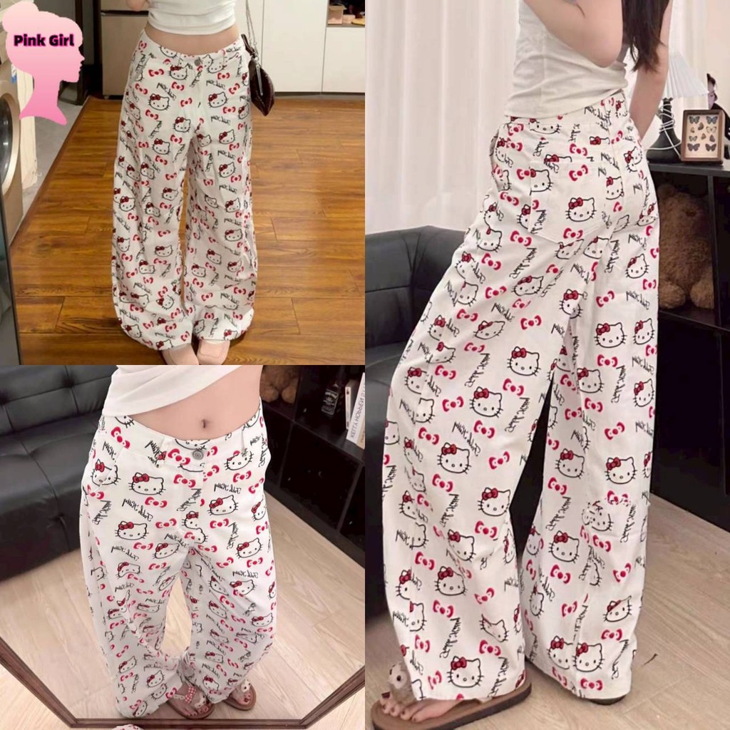 💋Pink girl💋​พร้อมส่ง กางเกงขายาว เอวสูง ทรงกระบอก ลายแมวสาว' NZ6616