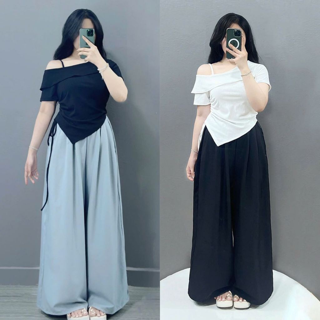 ชุดสตรีฤดูร้อนสไตล์ขนาดใหญ่, ชุดเสื้อยืดเปิดไหล่พร้อมกางเกงขากว้างผ้านุ่มเย็น ชุด980